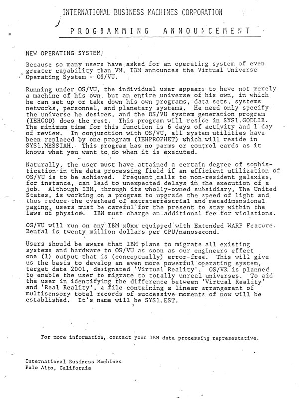 IBM Announces the Virtual Universe Operating System - OS/VU.